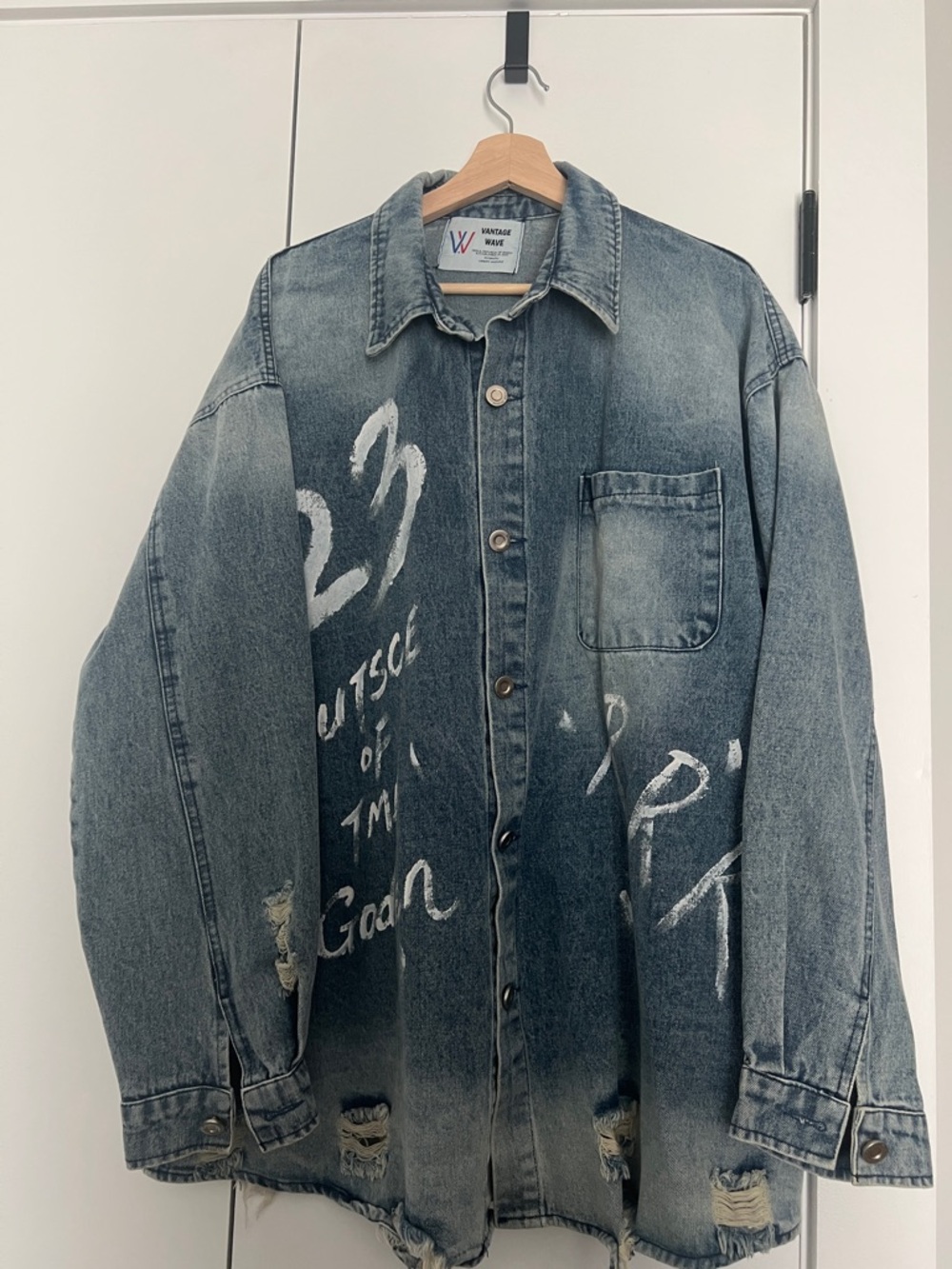 Washed Blue Denim Oversized Jacket with Painted Graphics